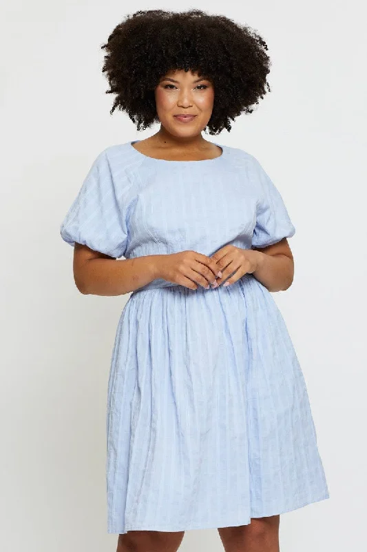 Blue Skater Dress Round Neck Short Sleeve