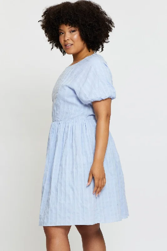 Blue Skater Dress Round Neck Short Sleeve