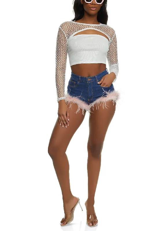 Feather Trim High Waist Denim Shorts