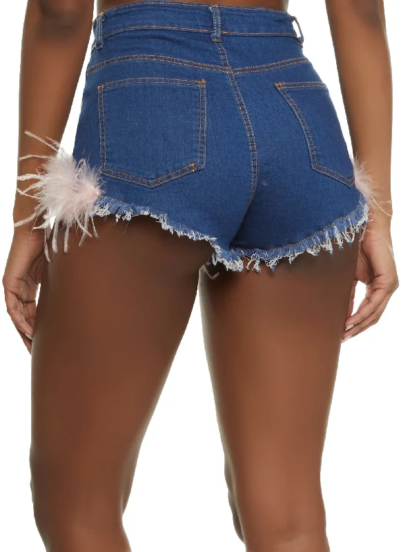 Feather Trim High Waist Denim Shorts