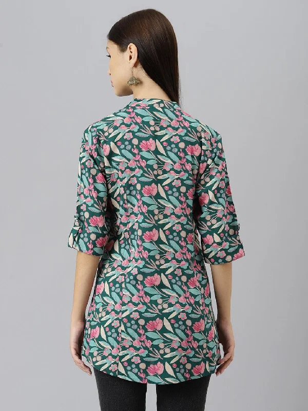 Dark Green Floral Rayon A-line Shirts Style Top