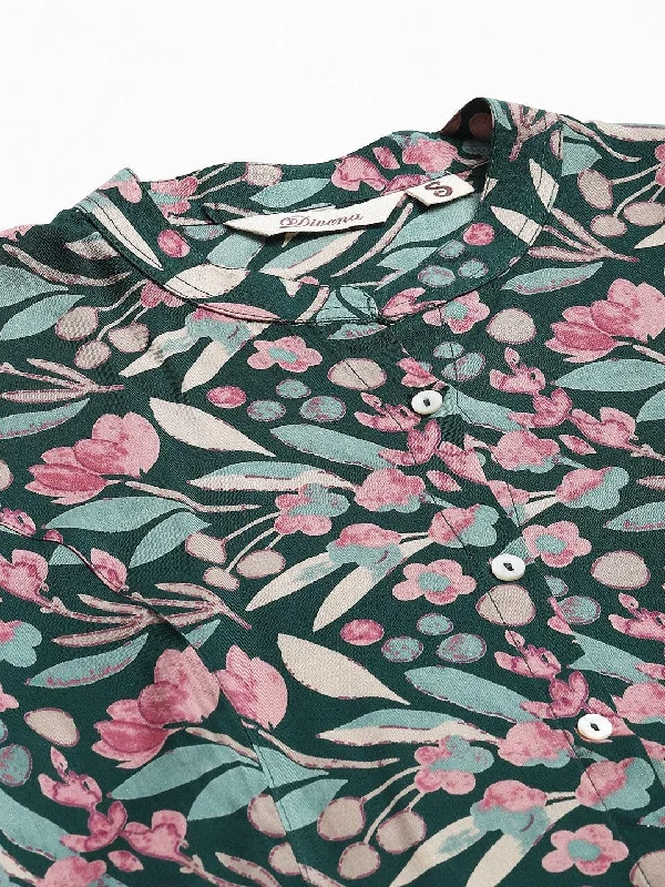 Dark Green Floral Rayon A-line Shirts Style Top