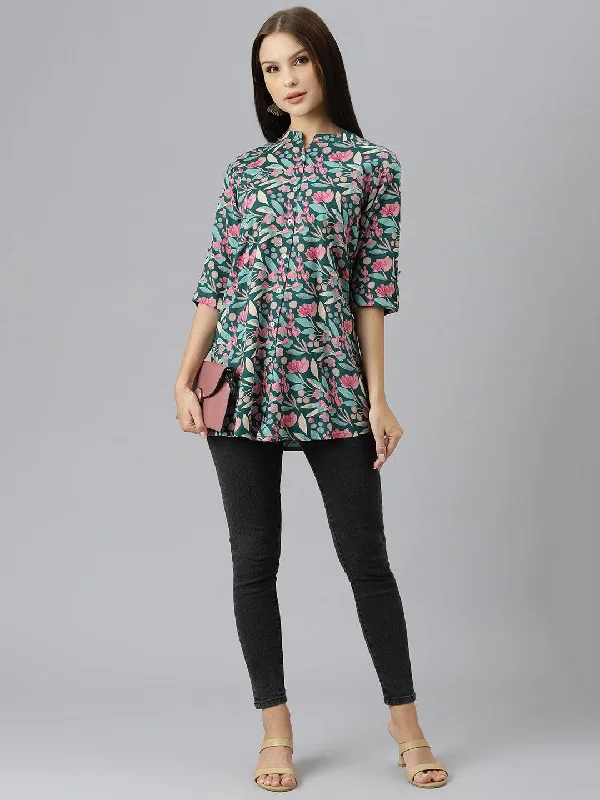 Dark Green Floral Rayon A-line Shirts Style Top