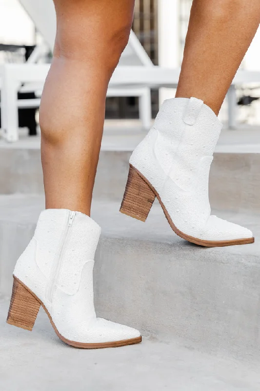 Faith Pearl Studded White Cowboy Booties FINAL SALE