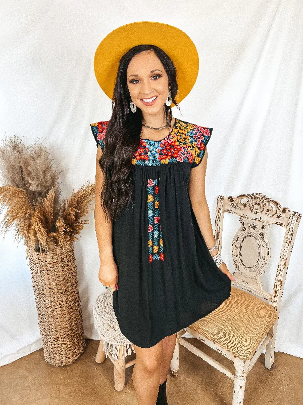 Headed For Happy Floral Embroidered Cap Sleeve Dress in Black