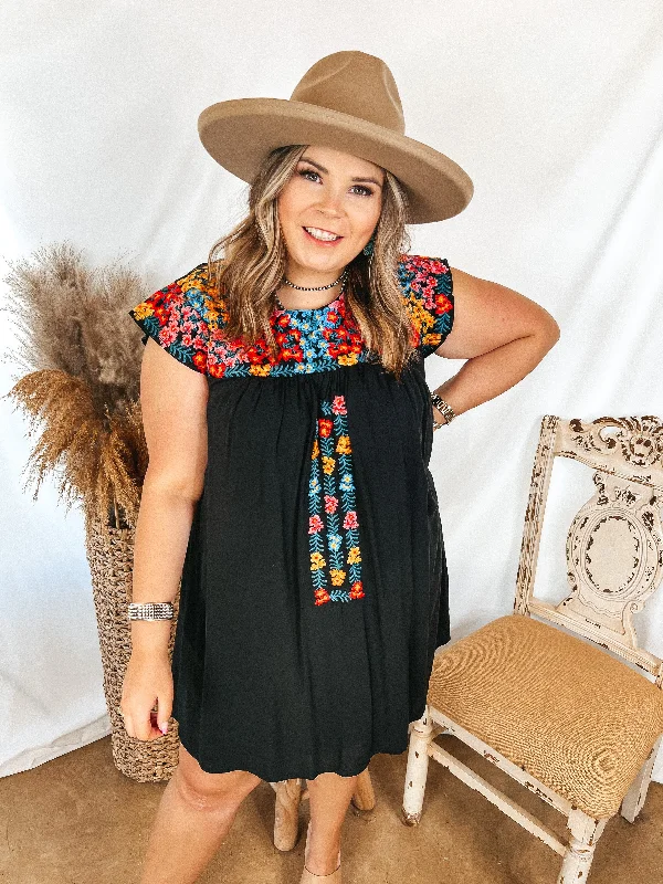 Headed For Happy Floral Embroidered Cap Sleeve Dress in Black