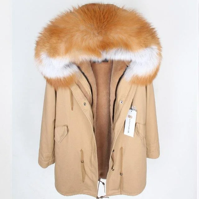 Fox Fur Leather Women's Large Hooded Long Detachable Lining Coats & Jackets