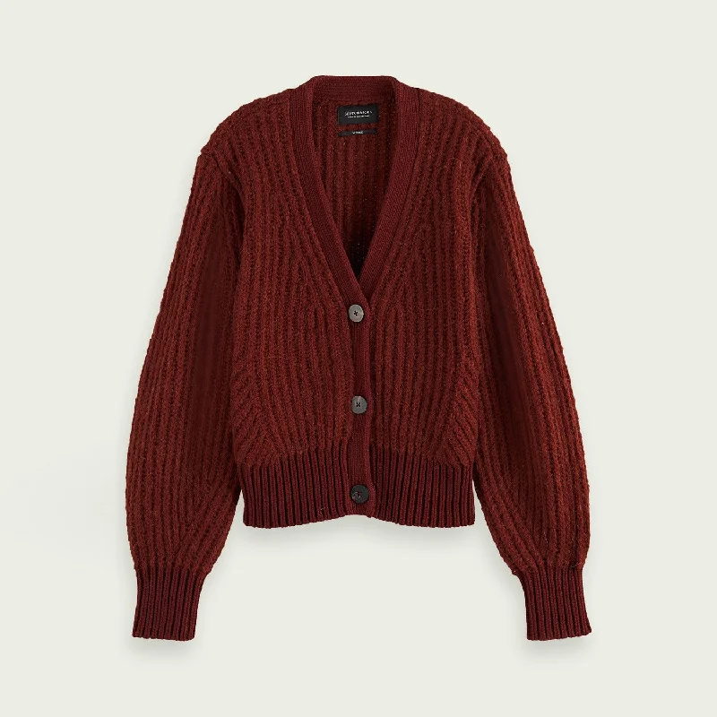 Fuzzy Cardigan With Voluminous Sleeve (Burgundy)