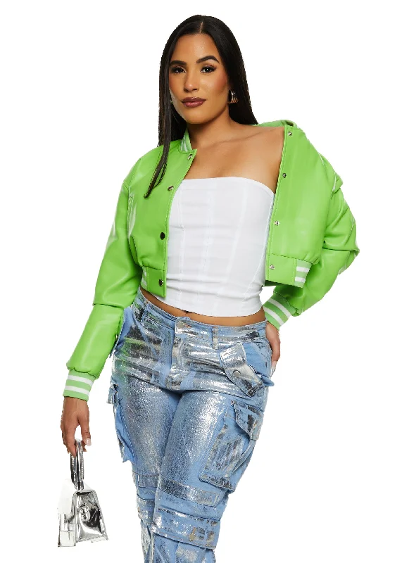 Daisy Faux Leather Cropped Bomber Jacket