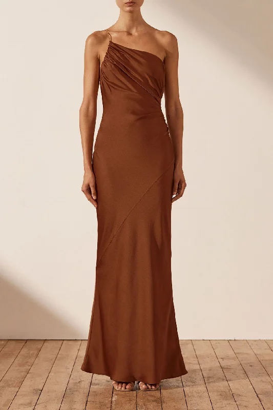 LUXE ASYMMETRICAL GATHERED MAXI DRESS - MOCHA