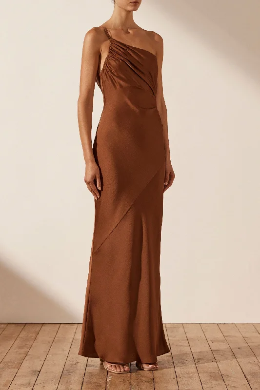 LUXE ASYMMETRICAL GATHERED MAXI DRESS - MOCHA