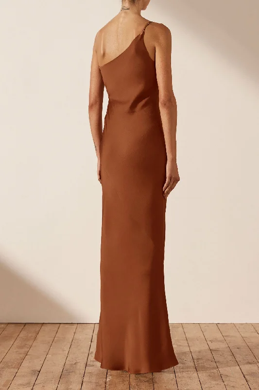 LUXE ASYMMETRICAL GATHERED MAXI DRESS - MOCHA