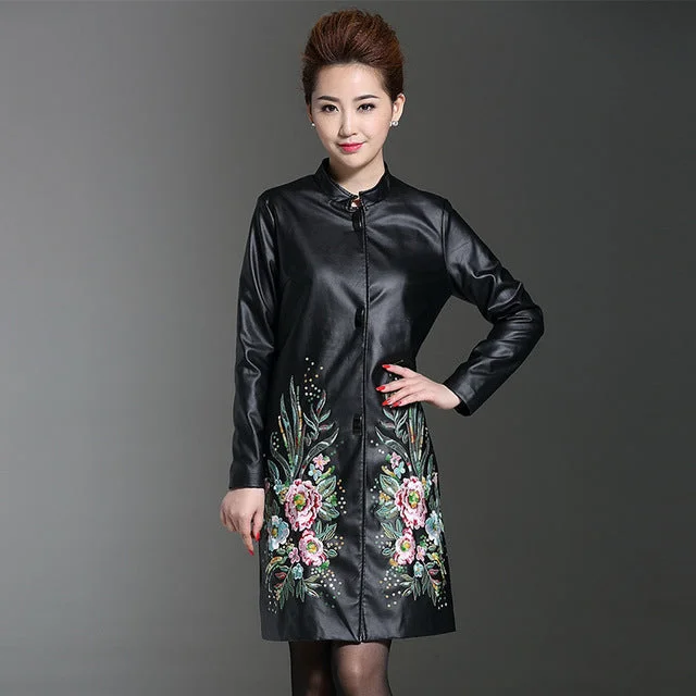 M-5XL Plus Size Women Embroidery leather Jacket Long Trench Autumn New PU Leather Outwear Slim Plus Size Leather Coat ER09