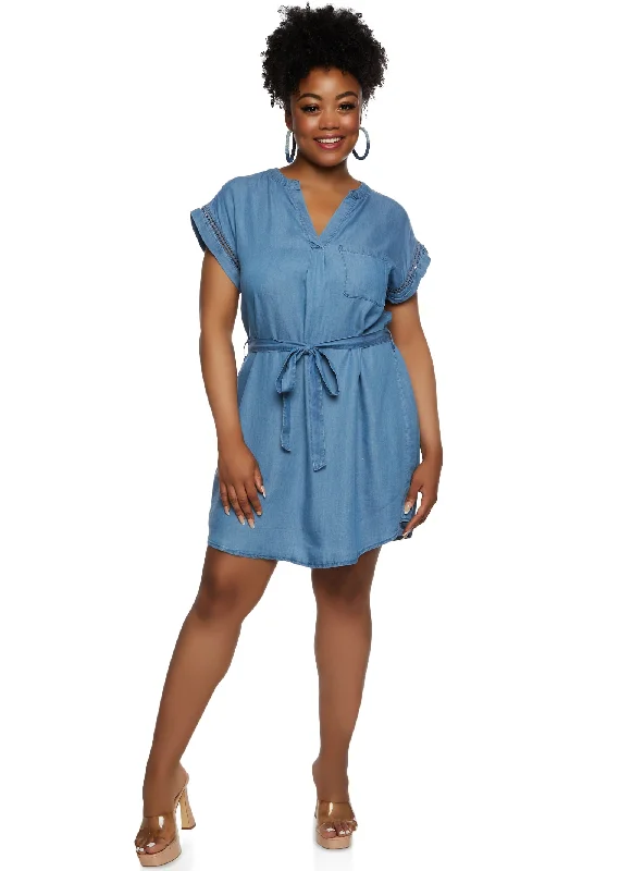 Plus Size Chambray Tie Waist Belted Dress