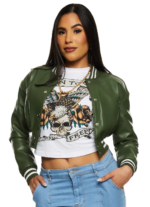 Daisy Faux Leather Cropped Bomber Jacket