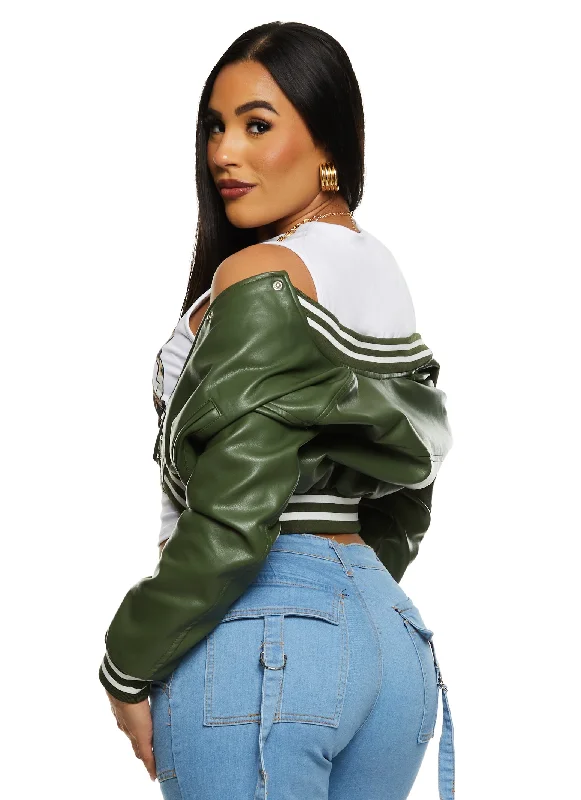 Daisy Faux Leather Cropped Bomber Jacket