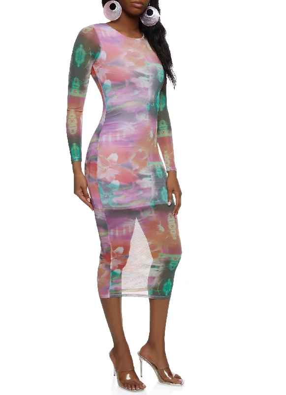 Mesh Printed Long Sleeve Maxi Dress