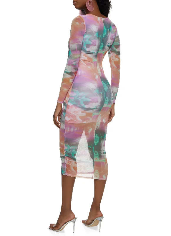 Mesh Printed Long Sleeve Maxi Dress