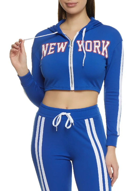 New York Zip Front Cropped Graphic Hoodie