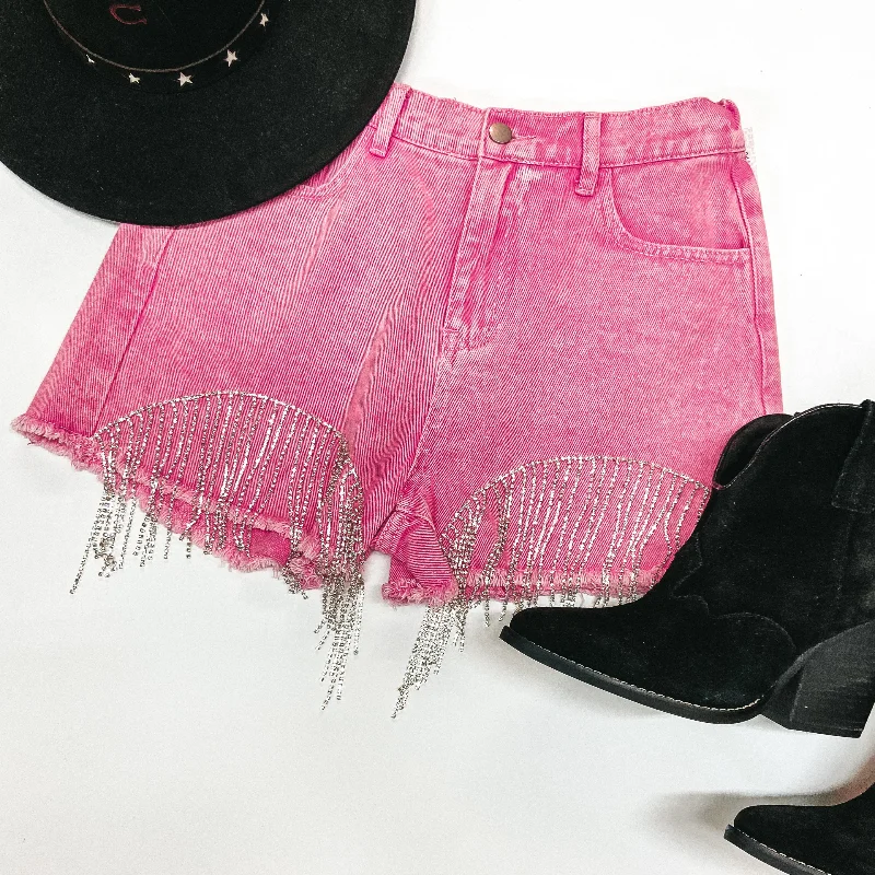 Saddle Up Crystal Fringe Distressed Denim Shorts in Pink