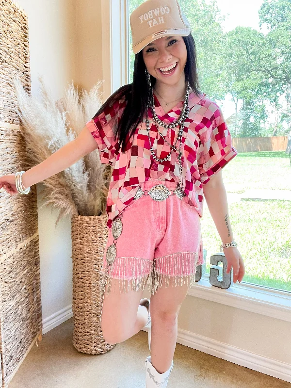 Saddle Up Crystal Fringe Distressed Denim Shorts in Pink