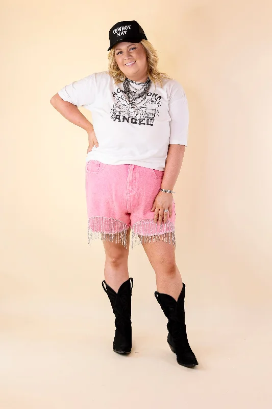 Saddle Up Crystal Fringe Distressed Denim Shorts in Pink