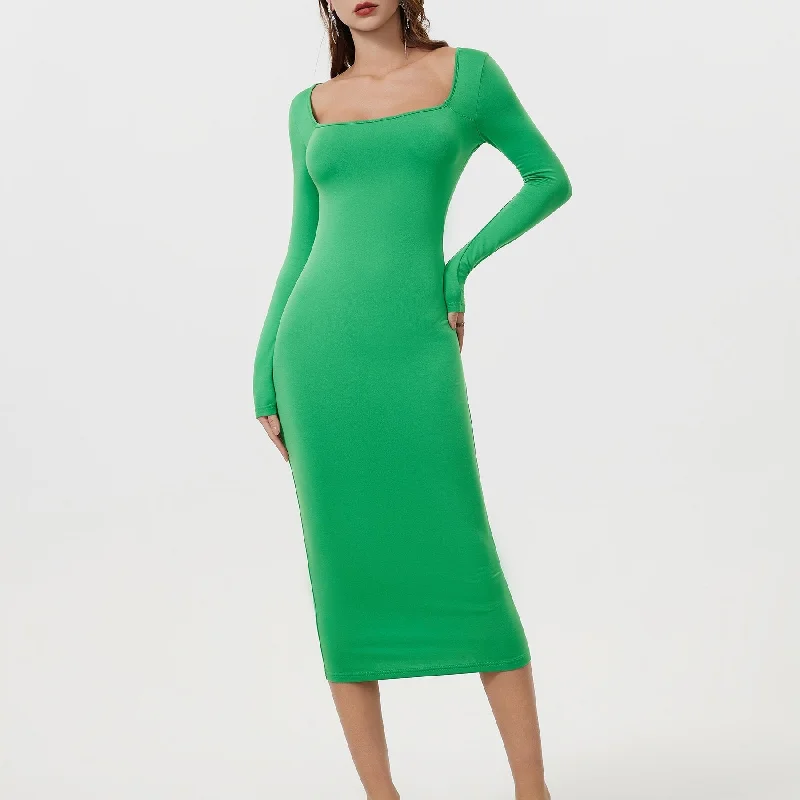 Sixsr Squared Neck Bodycon Dress, Casual Solid Long Sleeve Midi Dress, Women's Clothing