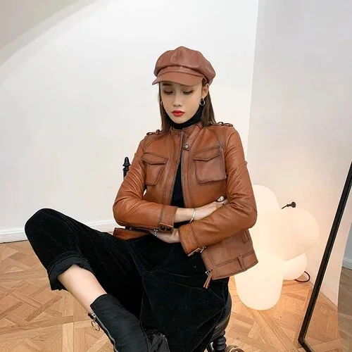 Women's Genuine Sheepskin Leather Motorcycle Short Slim Jacket