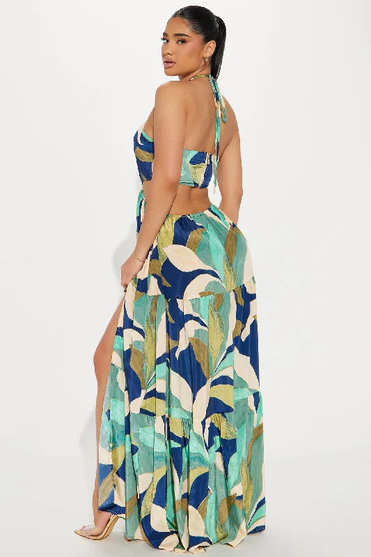 Beach Talking Satin Maxi Dress - Blue/combo