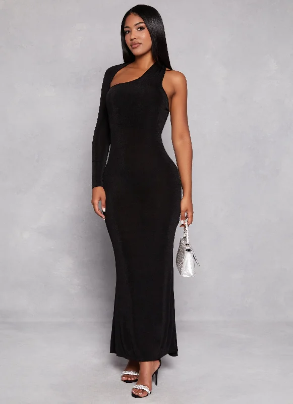 Asymmetrical Long Sleeve One Shoulder Maxi Dress