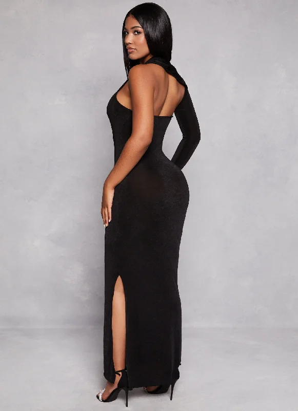 Asymmetrical Long Sleeve One Shoulder Maxi Dress