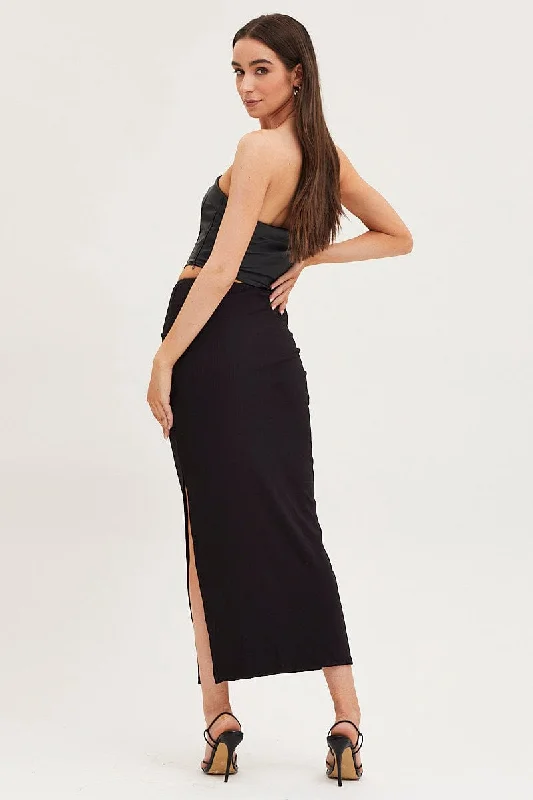 Black Maxi Skirt High Rise Ring Detial Rib Jersey