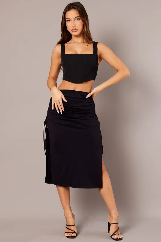 Black Maxi Skirt Side Ruched Jersey