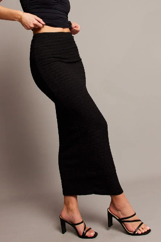 Black Midi Skirt High Rise Textured Jersey