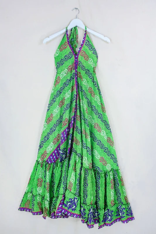 Blossom Halter-Neck Maxi Dress - Parakeet Green & Purple Swirls - Free Size S/M