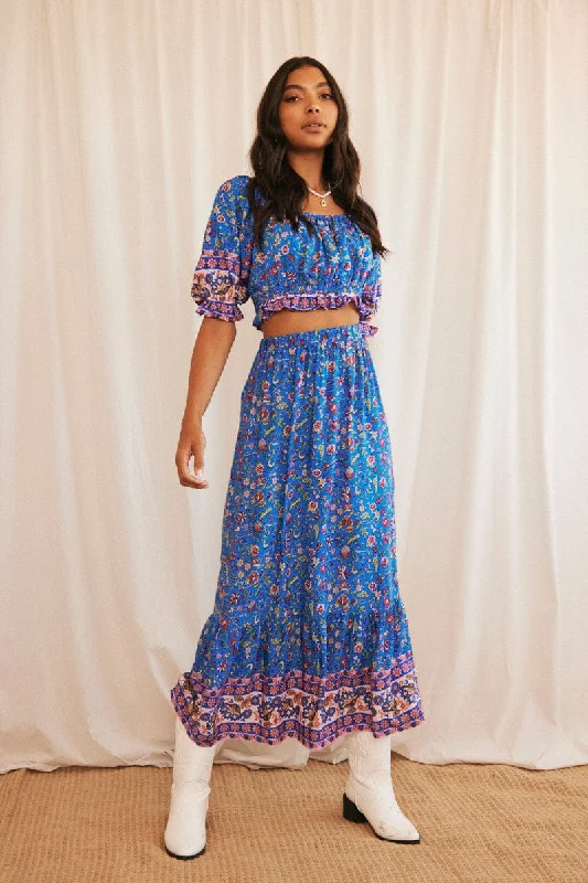 Blue Boho Maxi Skirt High Waisted Elastic Band Frill Hem