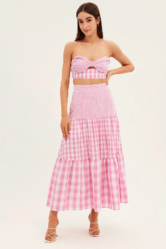 Check Maxi Skirt High Rise Tiered