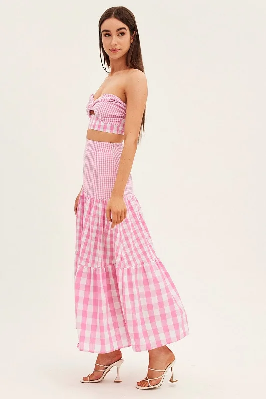 Check Maxi Skirt High Rise Tiered