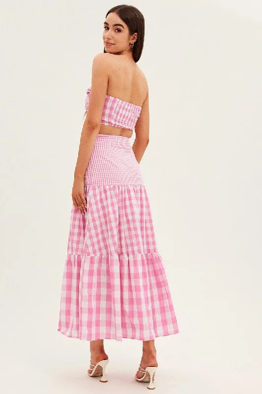 Check Maxi Skirt High Rise Tiered