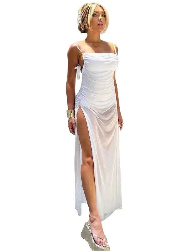 Mesh Spaghetti Straps Bodycon Strapless Backless Bandage Ruched High Slit Slim Club Party Beach Women's Maxi Dress