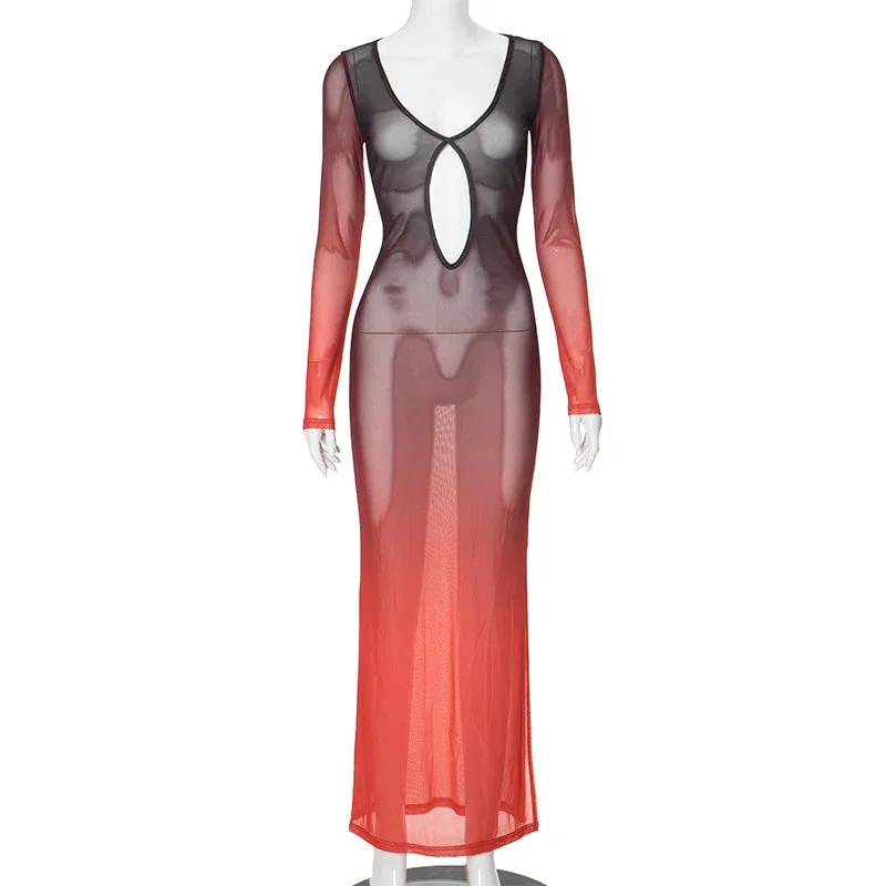 New Fashion Gradient Mesh Deep Collar Hollow Long Sleeve Transparent Sexy Split Charming Women's Maxi Dresses