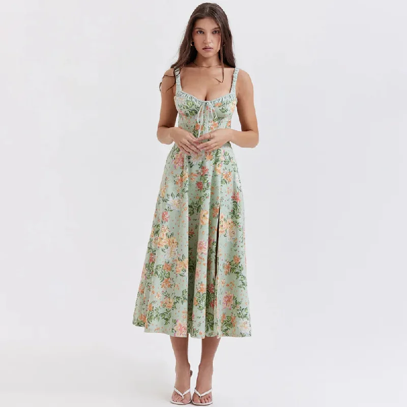 Sexy Club Evening Party Dress Women Summer Flower Print Maxi Dress