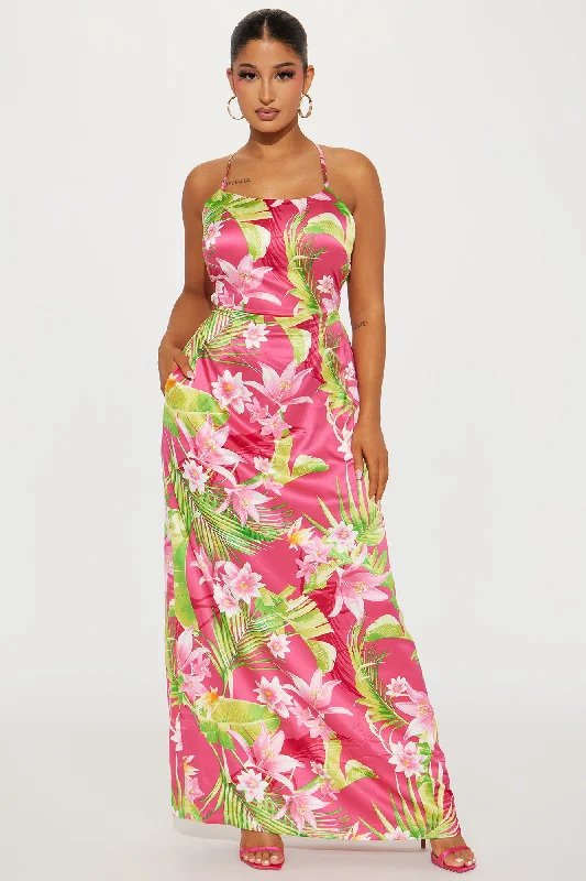 Erin Satin Tropical Maxi Dress - Fuchsia