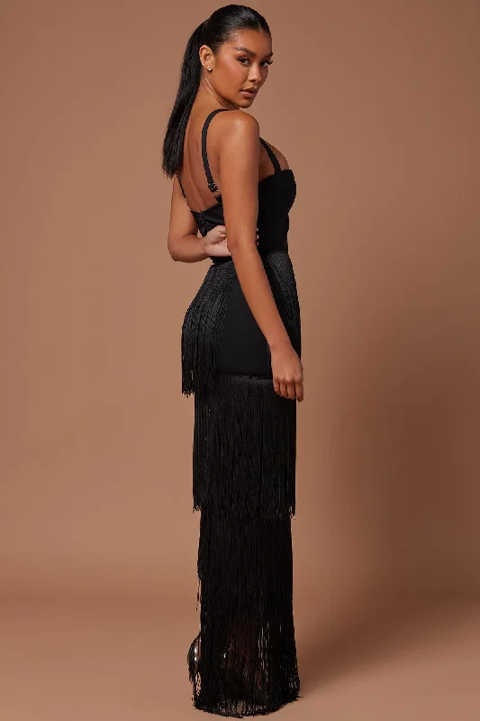 Faye Bandage Fringe Maxi Dress - Black