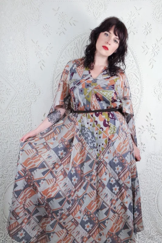 Goddess Dress - Misted Grey & Peach Patchwork - Vintage Pure Silk - XS - M/L