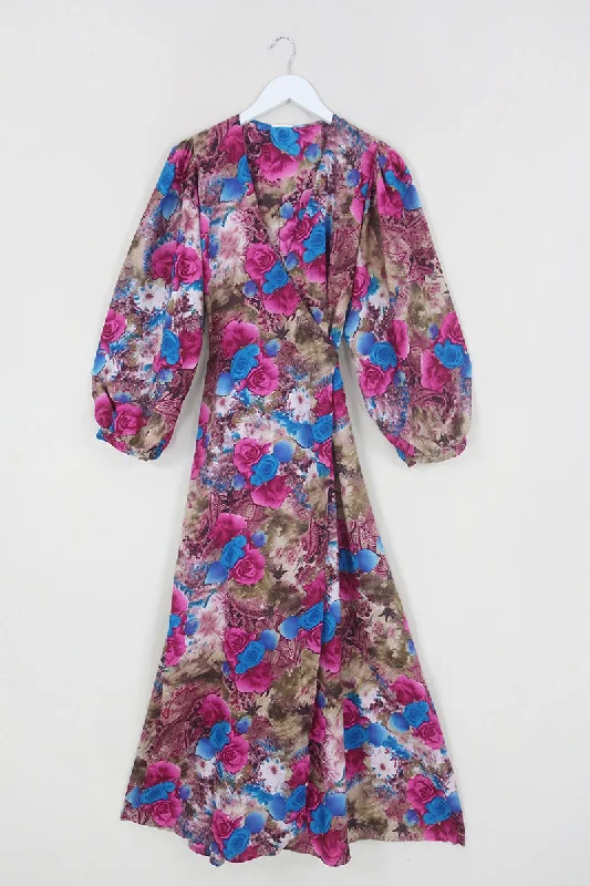 Lola Wrap Dress - Sapphire & Cerise Pink Roses - Size S/M