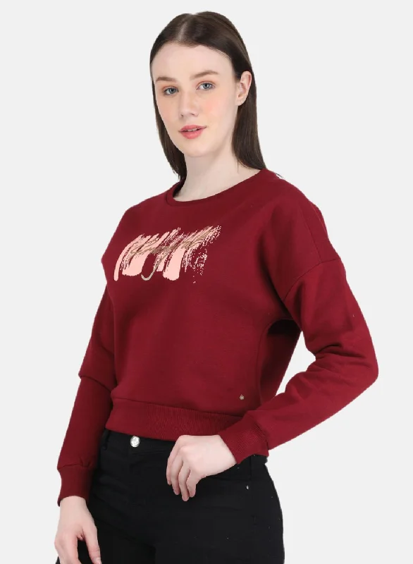 Women Maroon Printed Sweatshirt