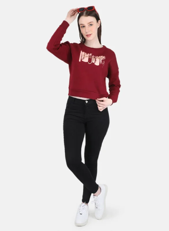 Women Maroon Printed Sweatshirt