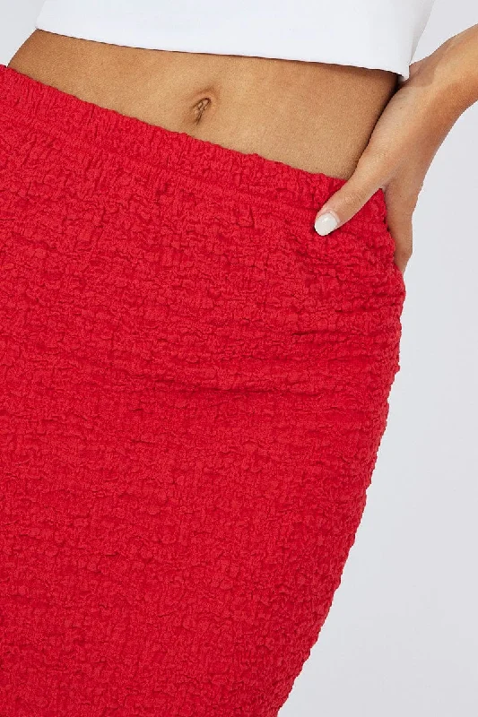 Red Maxi Skirt Slim Fit Textured Jersey