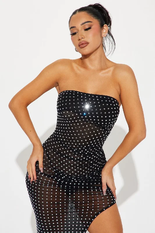 Rhinestone Mesh Maxi Dress - Black